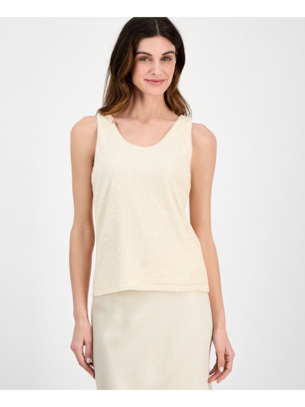 Anne Klein Women's Sequin Double-Scoop Sleeveless Tank Hits hip Ivory Size L $69